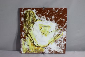 Studio Pottery Nude Woman Portrait Glaze On Ceramic Tile, Signed And Dated
