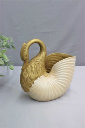 Stunning MCM Italian Porcelain Swan Nautilus Vase In Gold & Cream