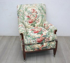 Vintage Rolled Arm Mahogany Pencil Inlaid Frame  Arm Chair .floral Upholstery And Goose Down  Cushions