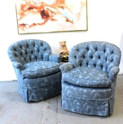 Pair Of Vintage Blue Floral Upholstered Chairs