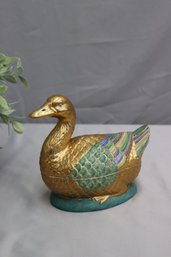 Vintage Gold Painted And Enameled Porcelain Figural Duck Lidded Box