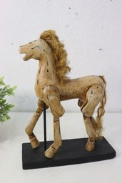 Vintage Style Wooden Articulated Horse Figurine With Grassy Straw Mane And Tail