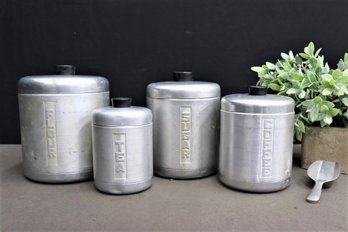 Vintage Embossed Brushed Aluminum Tea/coffee Sugar/flour  Canisters With Scoop