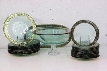 Group Lot In The Style Of Annieglass - Gorgeous Gold Border Textured Glass Serving Pieces And Bowls-(22pcs)
