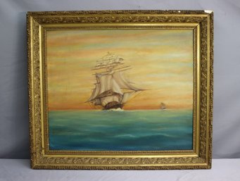 Three-Mast Galleon Original Oil Painting On Canvas Board In Ornate Gilt Style Frame