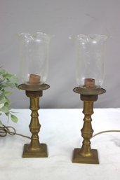 Two Vintage Glass Chimney Electrified Brass Candlestick Lamps