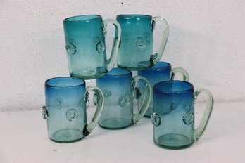 Group Of Six Bi-Colored Rustic And Thick Blown Glass Beer Mugs