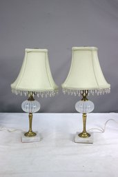 A Pair Of Striped White On Clear Glass Ball And Beaded Shade Bedside/boudoir Lamps