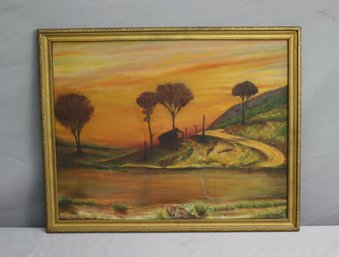 Sunset Landscape Original Oil Painting On Board In Elegant Frame From The Harmon Estate