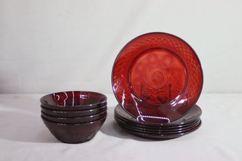 Group Lot Of 10 Vintage Cristal D'Arques Durand Ruby Red Bowls (4) And Plates (6)