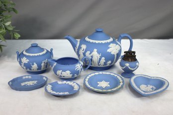 Group Lot Of Wedgwood Pale Blue & White Jasperware  Small Dishes, Lidded Bowls And Teapot, And More