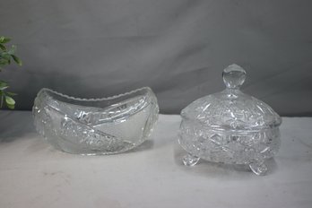 Vintage Sawtooth Cut Glass Boat Bowl & 3 Footed Cut Glass Ball Finial Lidded Candy Dish