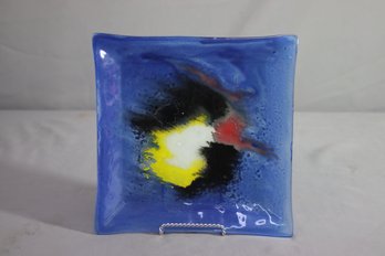 Polychrome Abstract On Blue Fused Glass Square Plate