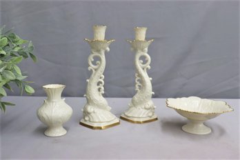 Group Lot Of 4 Vintage Lenox Hand Decorated 24K Gold Pieces - 2 Candlesticks, Pedestal Bowl, Bud Vase