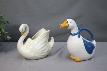 Vintage Ganderville Collection Country Duck Pitcher & Porcelain Swan Centerpiece/Planter