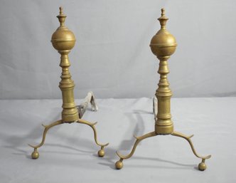 Antique Brass Federal Branch Leg Urn Finial Cast Iron Andirons