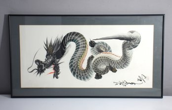 'Framed Japanese Dragon Painting  A Mythical Figure'