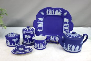 Group Lot Of Wedgwood Cobalt Blue & White Jasperware  Teapot, Creamer/sugar, Plate, Candy Dish