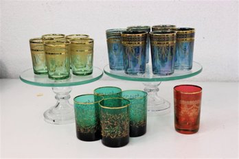 Group Lot Of MCM Gold Design Embossed Varied Color Glasses, Sixteen In Total