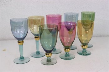 Grouping Of Gold Knob Stemmed Colored Wine Glasses (5) And Water Goblets (3)
