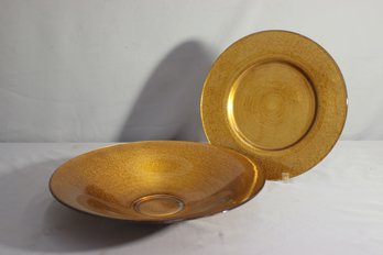 Amber Yellow Gold Glass Centerpiece  With Under Plate