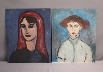 Two Portraits Acrylic On Board, One Is After Modigliani Head Of Young Woman, Both Unframed