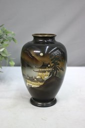 Large Japanese Mixed Metal Enameled Inlaid Vase With Scene Of Temple & Mount Fuji