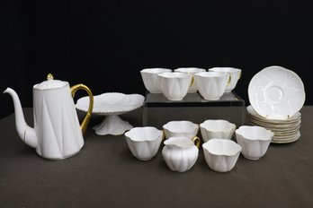 Partial Set Of Shelley Fine Bone China Gold Rim Coffee Pot, Cups And Saucers And Cake Stand