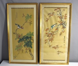 'Pair Of Framed Asian Bird And Floral Scroll Paintings'