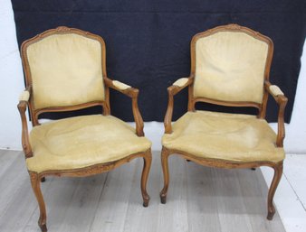 Pair Of Vintage French Carved Accent Chairs With Yellow Fabric Upholstery