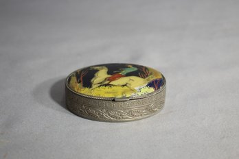 Vintage Hand-Painted Equestrian Scene Enamel And Silver -plated Trinket Box