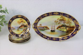 Cobalt Blue And Gold Hand-Painted Japanese Porcelain Oval Tray And 4 6.25' Plates