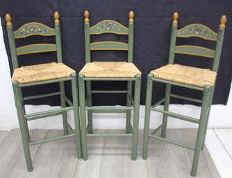 Set Of 3 Hand-Painted Green Counter Stools With Woven Seats