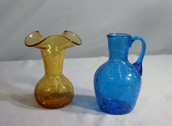Amber Crackle Glass Vase And Blue Crackle Glass Pitcher