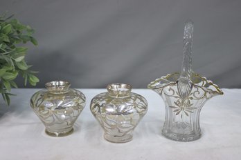 Two Beautiful Small Vintage Silver Overlay Glass Vases & A Silver Overlay On Glass Bride's Basket Vase