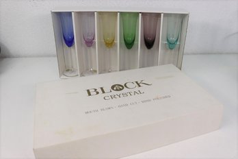 Six Mouth Blown, Hand Cut Colored Block Crystal Champagne Flutres
