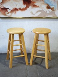 Pair Of Round Solid Wood Bar Counter Stools