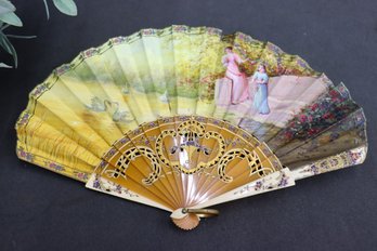 Antique Fan With Pierced, Engraved And Gilded Frame & Painted Watteau-style Idyllic Landscape