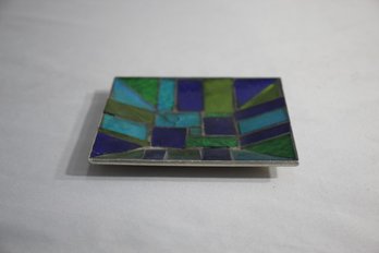 Vintage Georges Briard Mosaic Glass MCM Green Blue Square Small Tray  5' X 5'