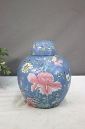 Vintage Chinese Porcelain Pink Flowers On Blue Ground Temple Jar