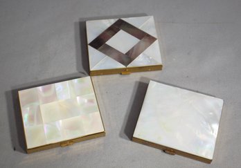 Trio Of Vintage Mother Of Pearl And Shell Compacts-Mother Of Pearl, Shell, Brass