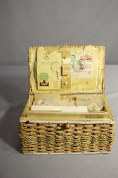 Vintage Stamp Collection In Woven Basket - International & Rare Stamps