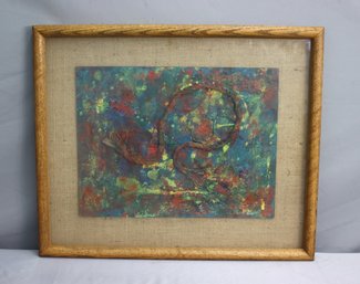 Original Oil Abstract With Found Elements, Framed & Mounted On Grasscloth A. Harmon