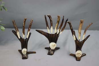 Grouping Of Three Artisan Made Sculptural Deer Horn Knife Holders With 11 Horn Handle Knives