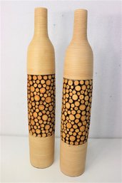 Pair Of Woodcut Decorated Tall Bottle Vases