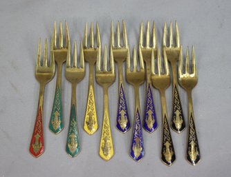 Group Of 11 Vintage 1970s Thai Brass &  Enamel Cocktail Forks