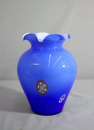 Murano Art Glass Millefiori Hand Blown Cobalt Blue Scalloped Cased Vase