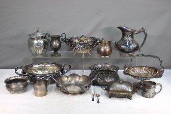 Large Group Lot Of Vintage Silverplate And Mixed Metal Pitchers, Stands, Bowls