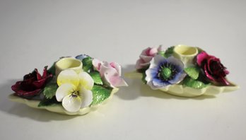 Pair Of VTG Hall Brothers RADNOR England Flowered Bone China Candle Holders Porcelain