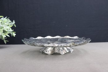 Silver Overlay Scalloped Glass Standing Platter With Ribbon Pedestal